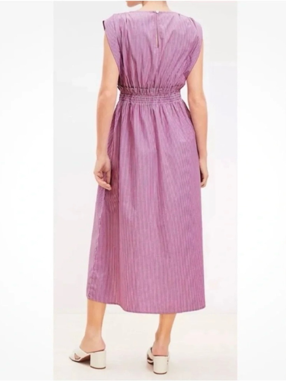 Loft Striped Poplin Midi Dress XL Lavender Purple Cotton Casual Boat Neck Preppy - Picture 2 of 13